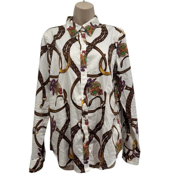 Lauren Ralph Lauren Equestrian Button Up Blouse Horse Bridle Bit Sz 12 Slim Fit - Picture 1 of 16